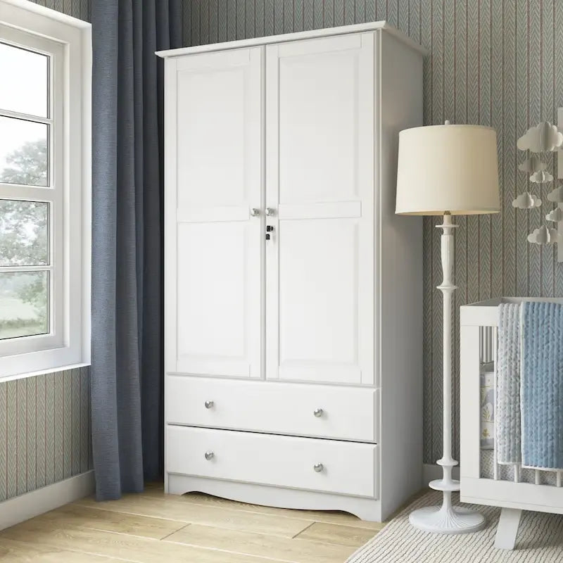 Palace Imports 100% Solid Wood Smart Wardrobe Armoire with 2 Drawers, Metal or Wooden Knobs