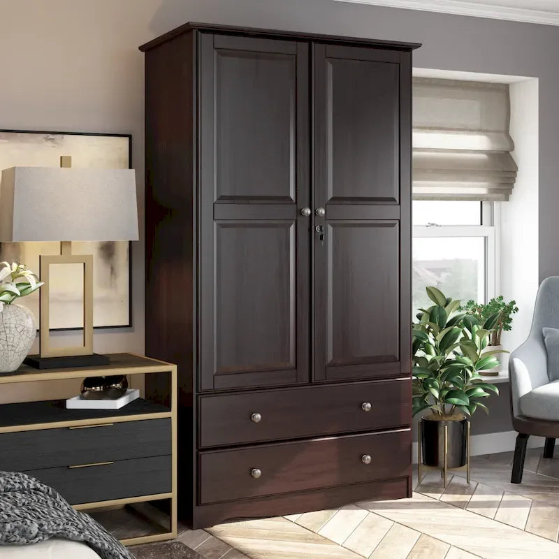 Palace Imports 100% Solid Wood Smart Wardrobe Armoire with 2 Drawers, Metal or Wooden Knobs