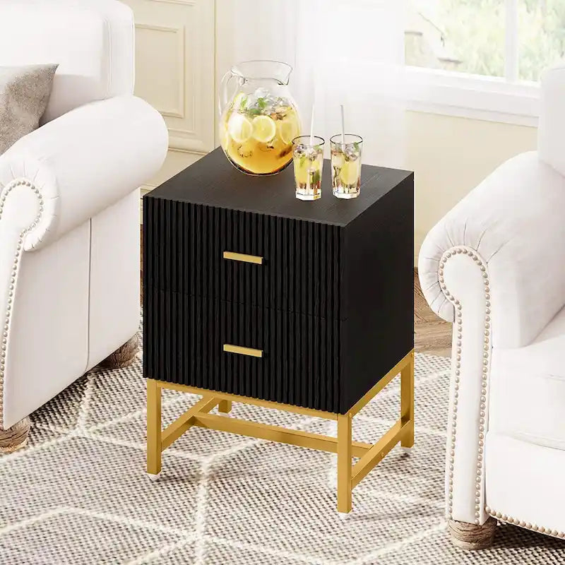 2-Drawer Nightstand, Modern Black and Gold Bedside Table for Bedroom