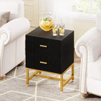 2-Drawer Nightstand, Modern Black and Gold Bedside Table for Bedroom