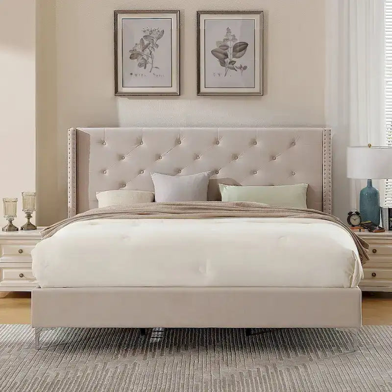 California King Velvet Upholstered Platform Bed Frame