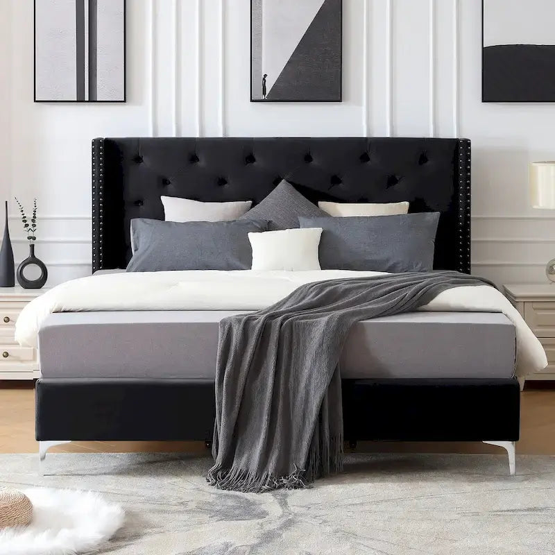California King Velvet Upholstered Platform Bed Frame