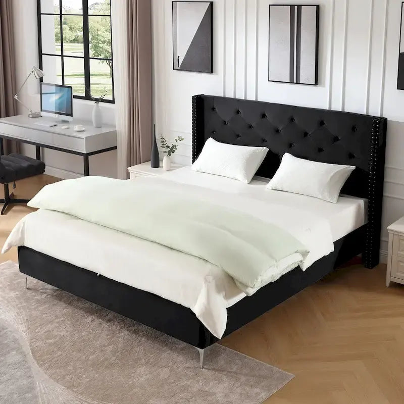 California King Velvet Upholstered Platform Bed Frame