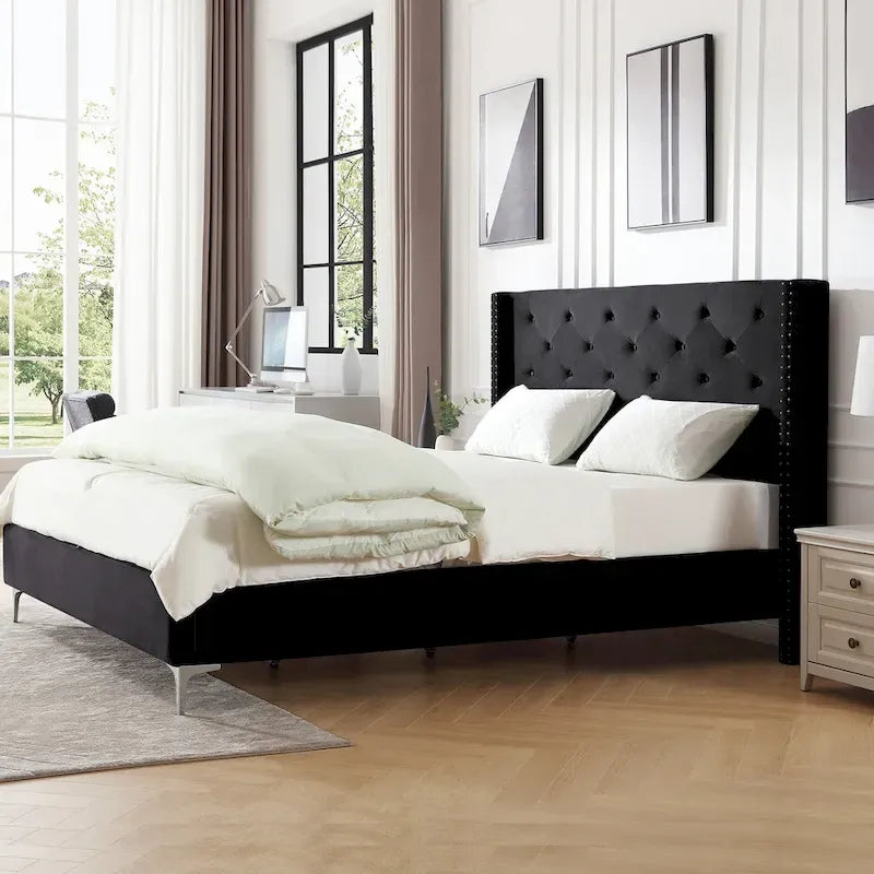 California King Velvet Upholstered Platform Bed Frame