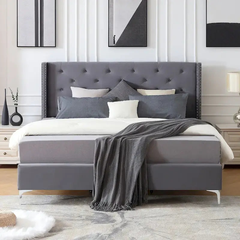 California King Velvet Upholstered Platform Bed Frame