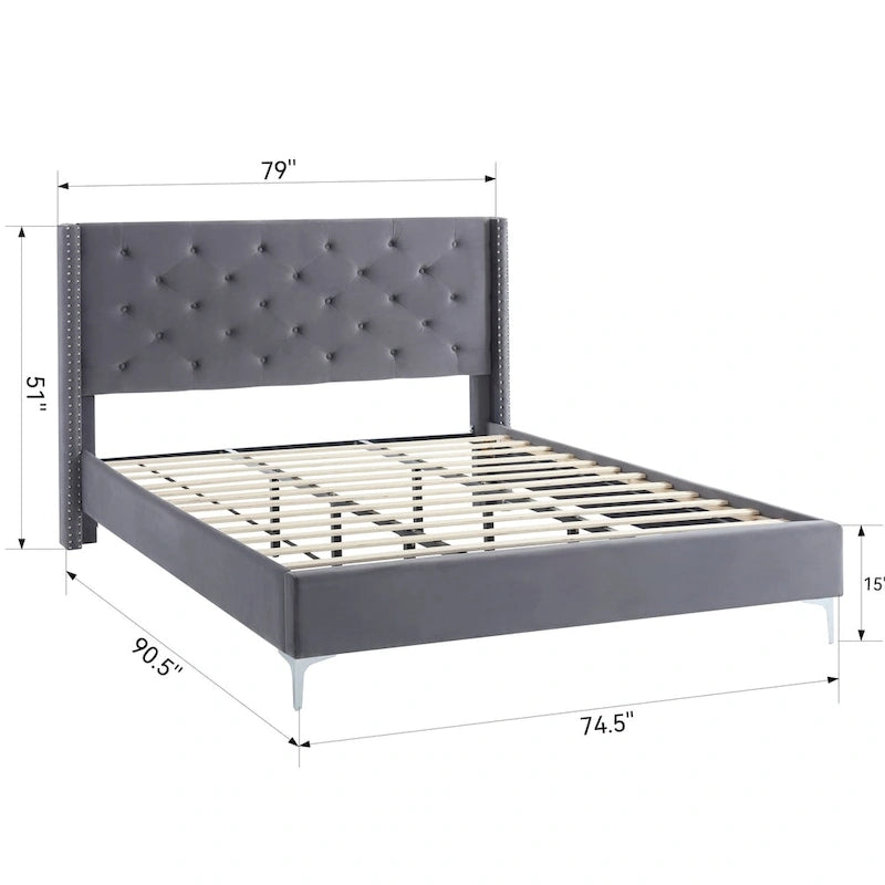 California King Velvet Upholstered Platform Bed Frame
