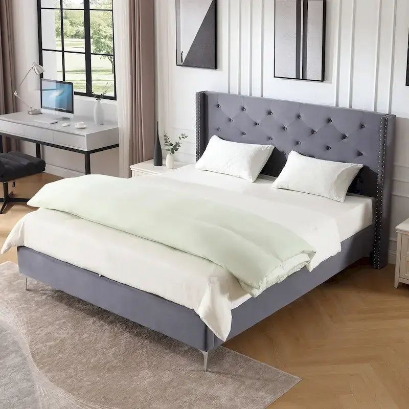 California King Velvet Upholstered Platform Bed Frame
