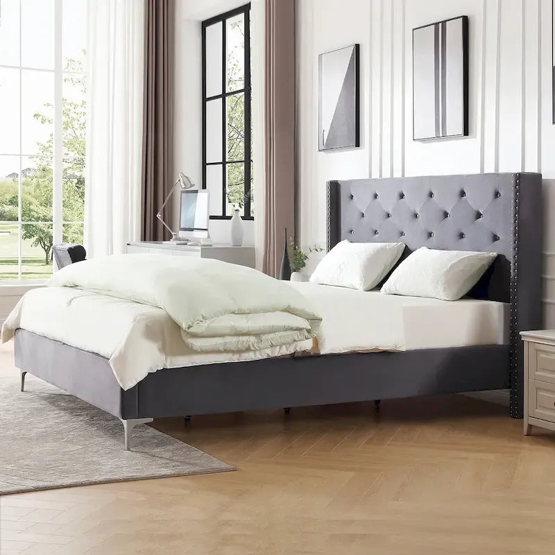 California King Velvet Upholstered Platform Bed Frame