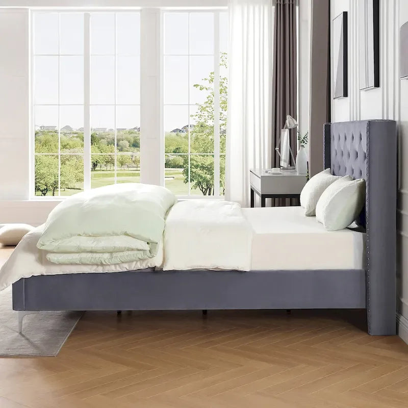 California King Velvet Upholstered Platform Bed Frame