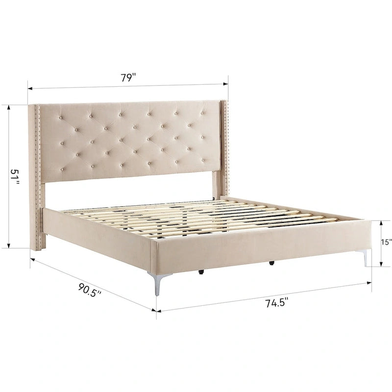 California King Velvet Upholstered Platform Bed Frame