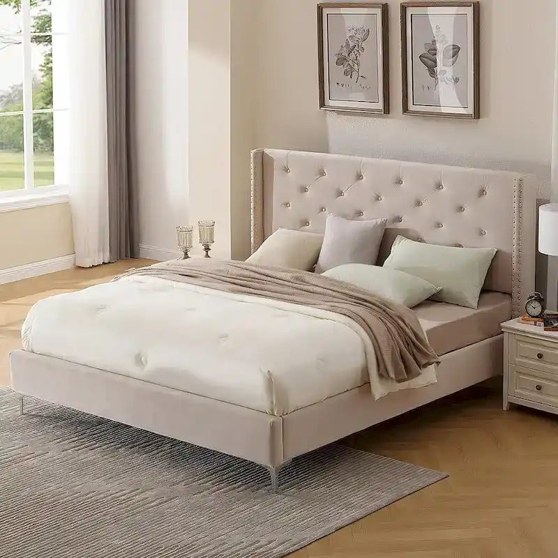 California King Velvet Upholstered Platform Bed Frame
