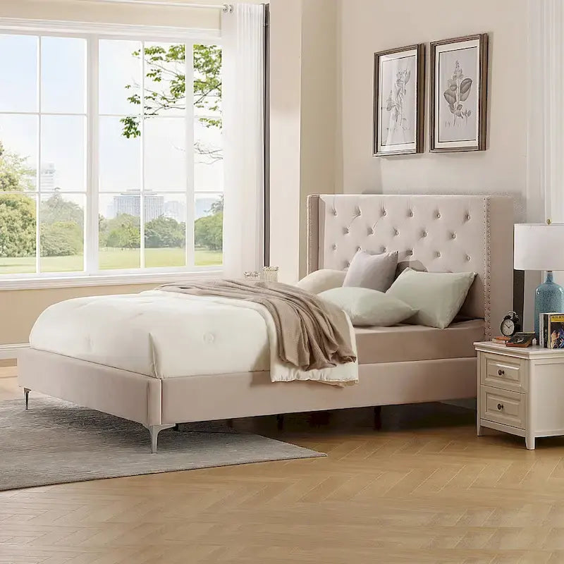 California King Velvet Upholstered Platform Bed Frame