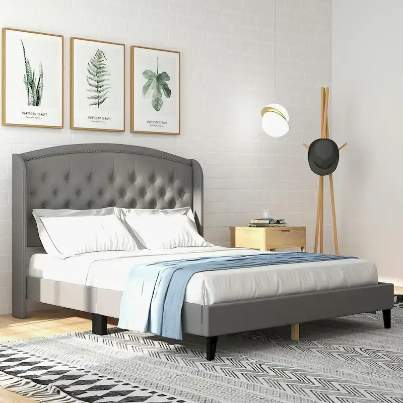 Upholsted Bed Frame with Wingback Headboard, King Size