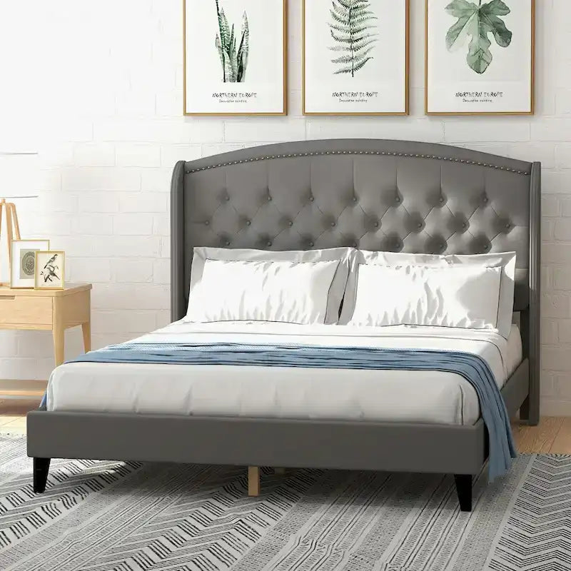 Upholsted Bed Frame with Wingback Headboard, King Size