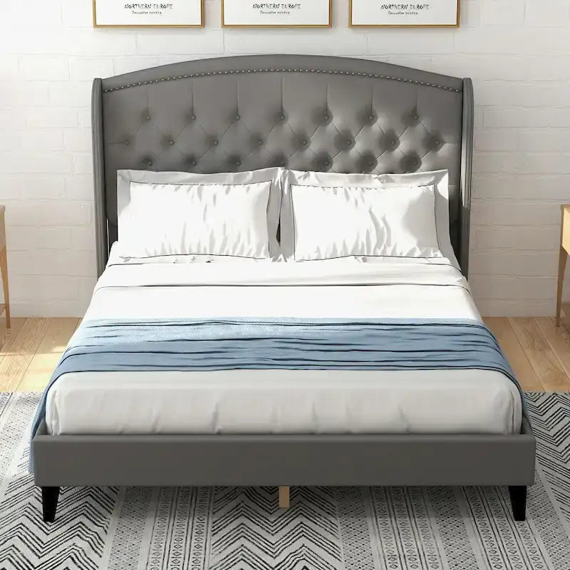 Upholsted Bed Frame with Wingback Headboard, King Size