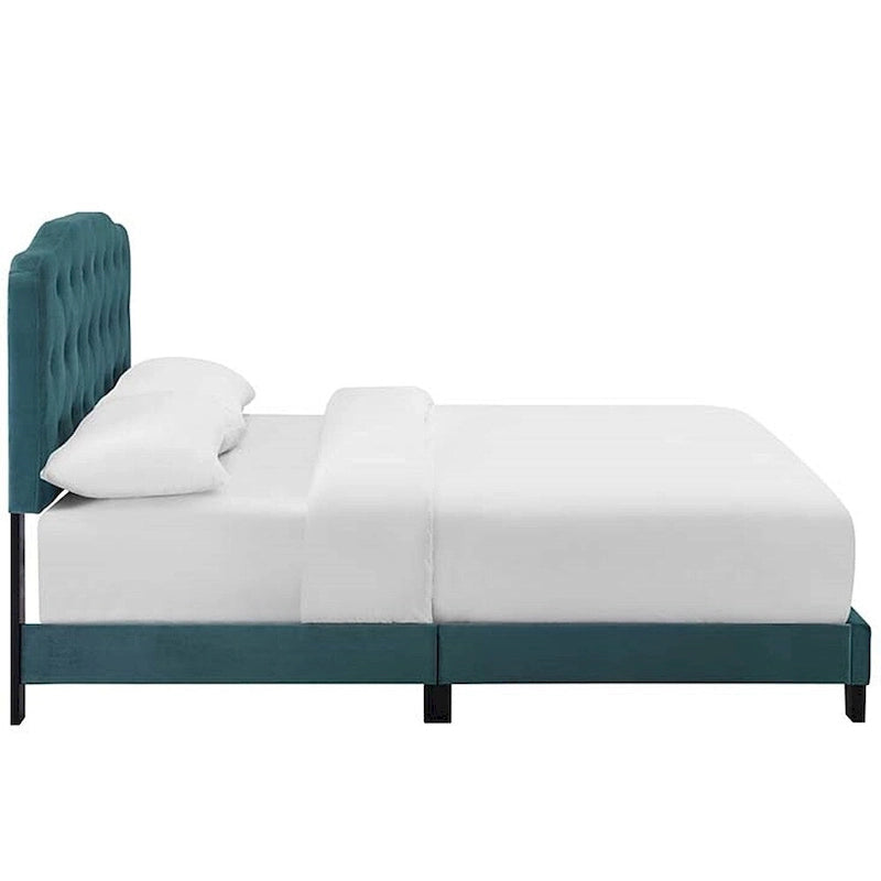 Dayton Queen Size Teal Velvet Platform Bed with Button Tufted Headboard