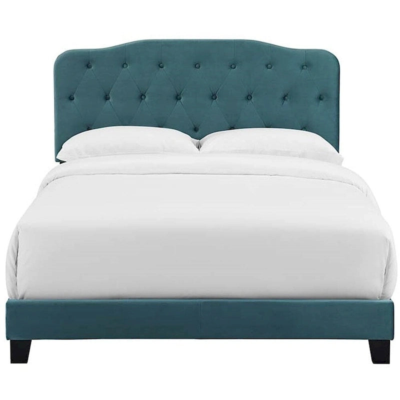 Dayton Queen Size Teal Velvet Platform Bed with Button Tufted Headboard