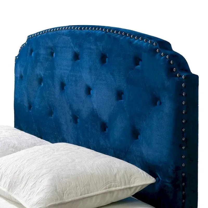 Arin Navy Blue Velvet Queen Bed Button Tufting and Black Nail Head