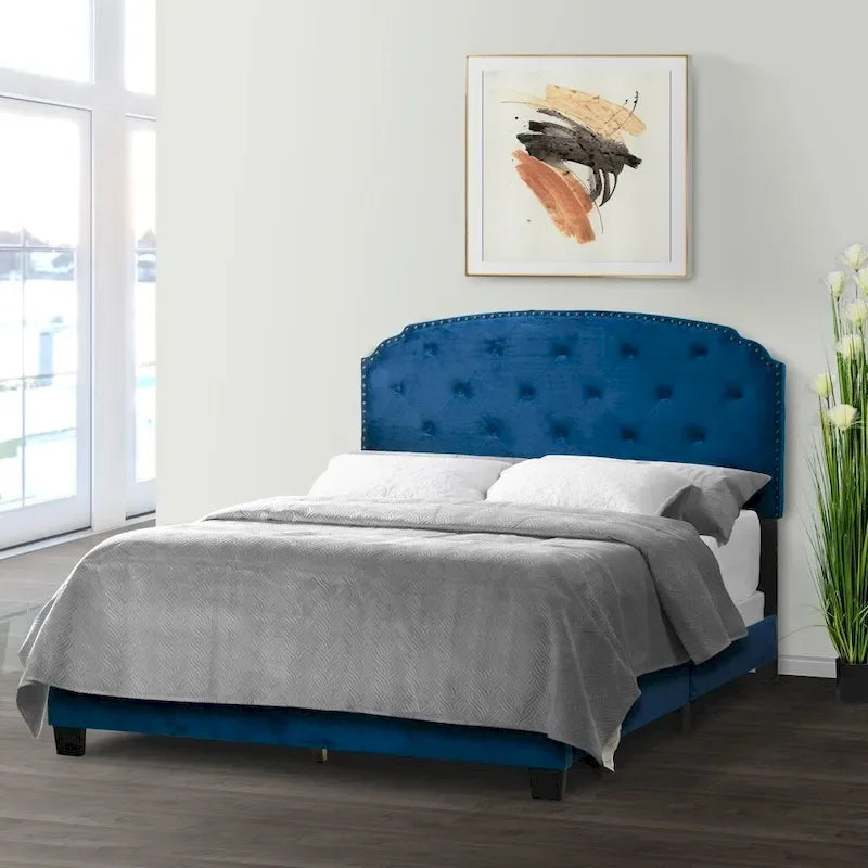 Arin Navy Blue Velvet Queen Bed Button Tufting and Black Nail Head