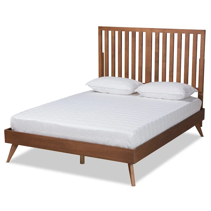 Saki Mid-Century Modern Walnut Brown Finished Wood Platform Bed