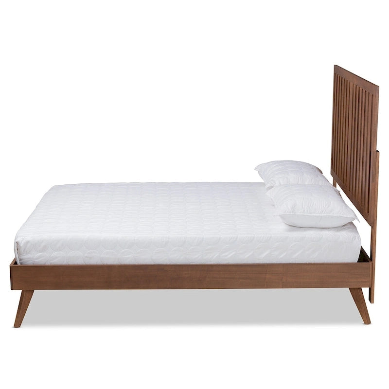 Saki Mid-Century Modern Walnut Brown Finished Wood Platform Bed