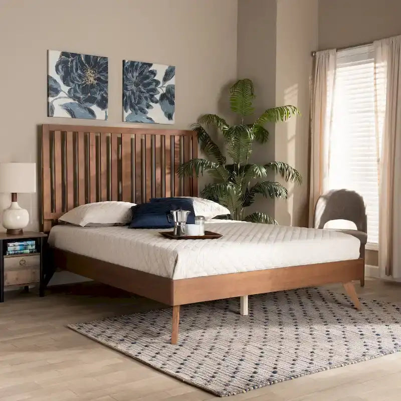 Saki Mid-Century Modern Walnut Brown Finished Wood Platform Bed