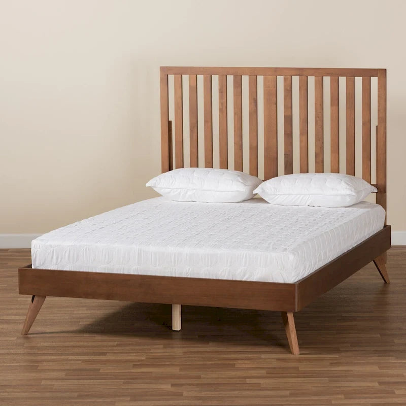 Saki Mid-Century Modern Walnut Brown Finished Wood Platform Bed