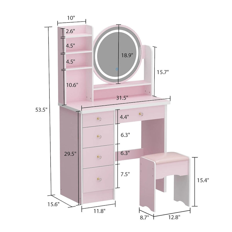 5-Drawers Makeup Vanity Table Set with Lighted Mirror (PINK/BLACK) - 52H