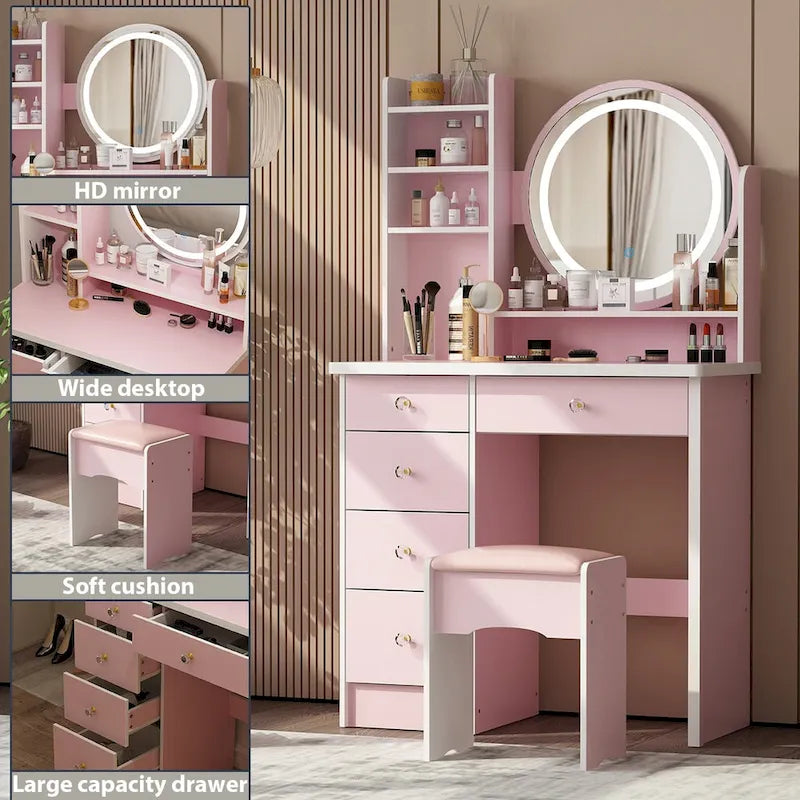5-Drawers Makeup Vanity Table Set with Lighted Mirror (PINK/BLACK) - 52H