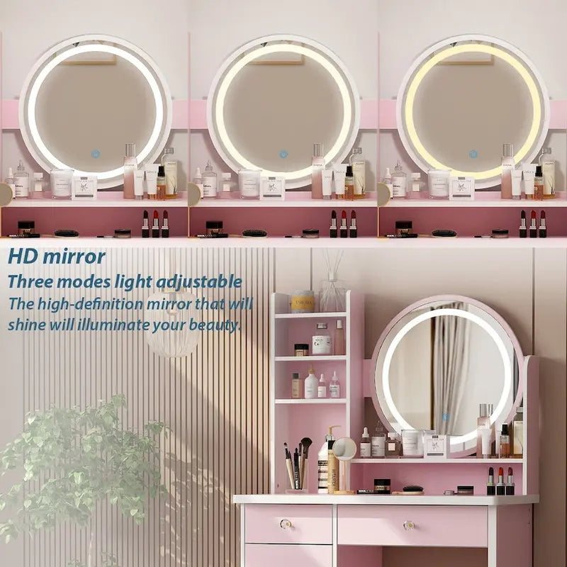 5-Drawers Makeup Vanity Table Set with Lighted Mirror (PINK/BLACK) - 52H
