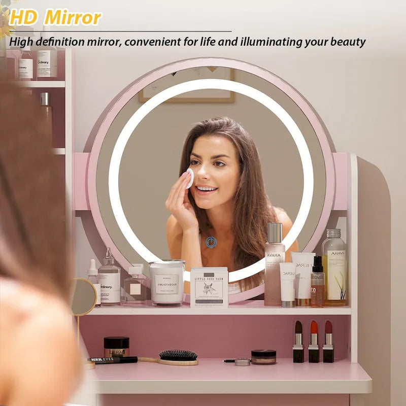 5-Drawers Makeup Vanity Table Set with Lighted Mirror (PINK/BLACK) - 52H