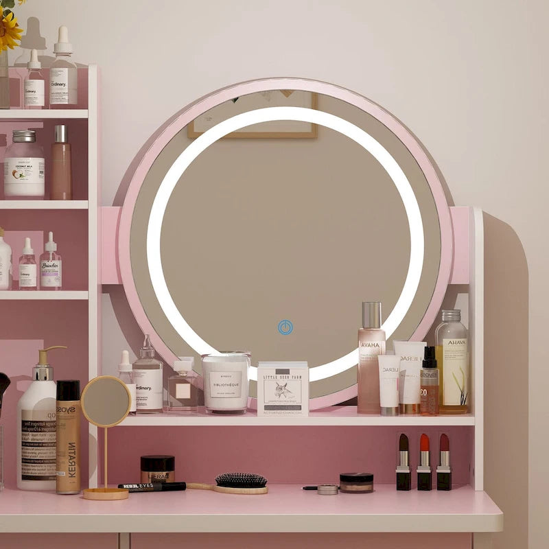 5-Drawers Makeup Vanity Table Set with Lighted Mirror (PINK/BLACK) - 52H