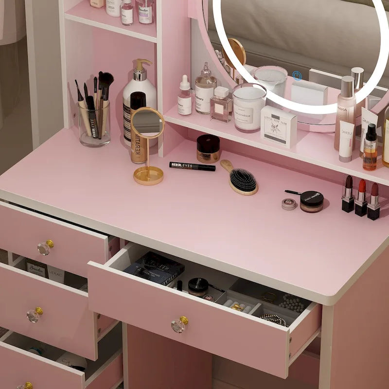 5-Drawers Makeup Vanity Table Set with Lighted Mirror (PINK/BLACK) - 52H