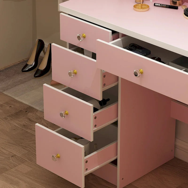 5-Drawers Makeup Vanity Table Set with Lighted Mirror (PINK/BLACK) - 52H