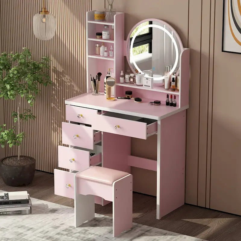 5-Drawers Makeup Vanity Table Set with Lighted Mirror (PINK/BLACK) - 52H