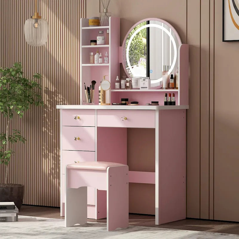5-Drawers Makeup Vanity Table Set with Lighted Mirror (PINK/BLACK) - 52H