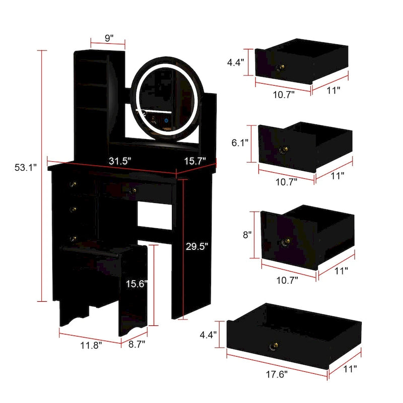 5-Drawers Makeup Vanity Table Set with Lighted Mirror (PINK/BLACK) - 52H