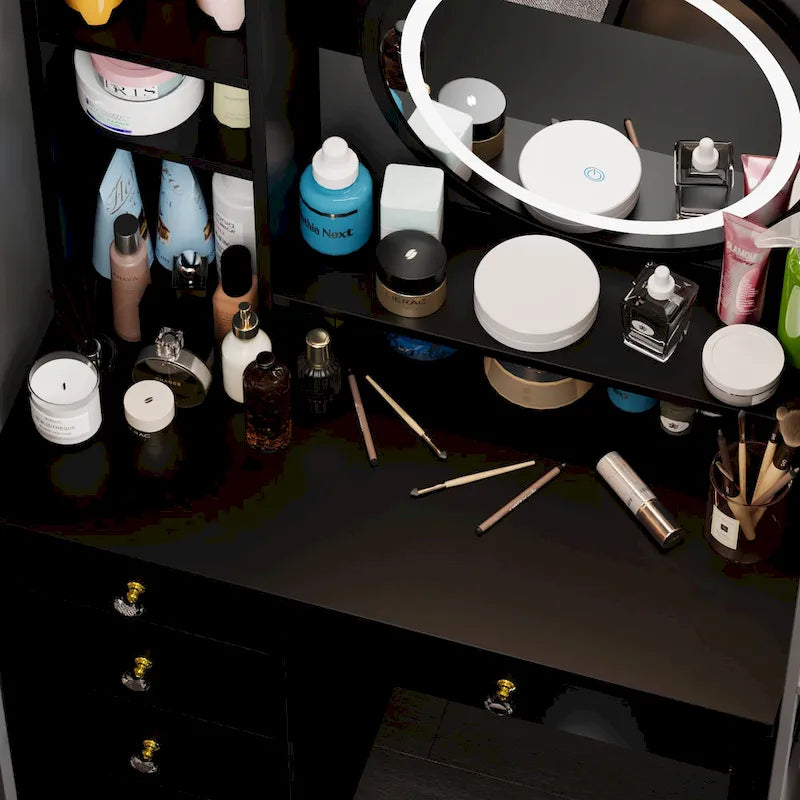 5-Drawers Makeup Vanity Table Set with Lighted Mirror (PINK/BLACK) - 52H