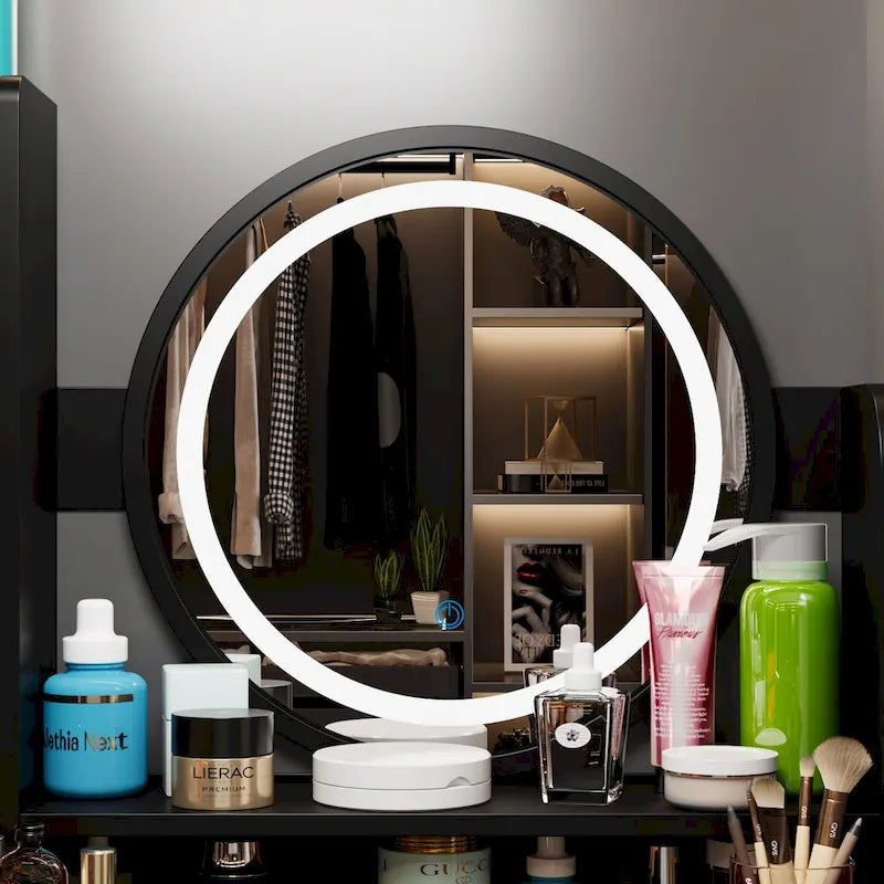 5-Drawers Makeup Vanity Table Set with Lighted Mirror (PINK/BLACK) - 52H