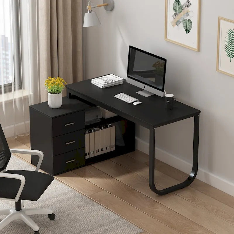 3-Drawer L-Shape Executive Desk Computer Tables With Storage Cabinet