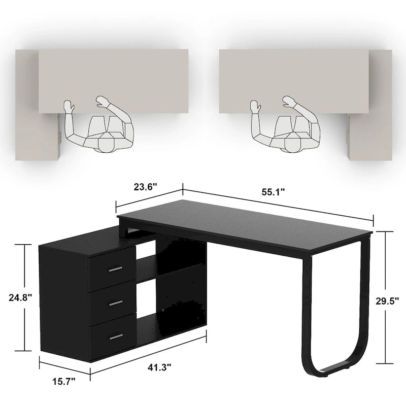 3-Drawer L-Shape Executive Desk Computer Tables With Storage Cabinet