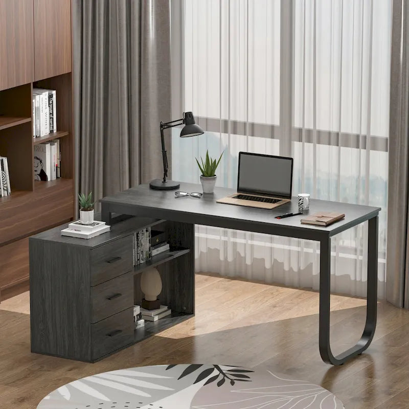 3-Drawer L-Shape Executive Desk Computer Tables With Storage Cabinet