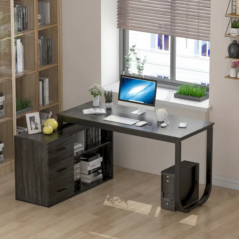 3-Drawer L-Shape Executive Desk Computer Tables With Storage Cabinet