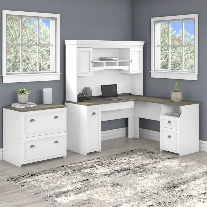 Fairview L Shaped Desk with Hutch and File Cabinet by Bush Furniture