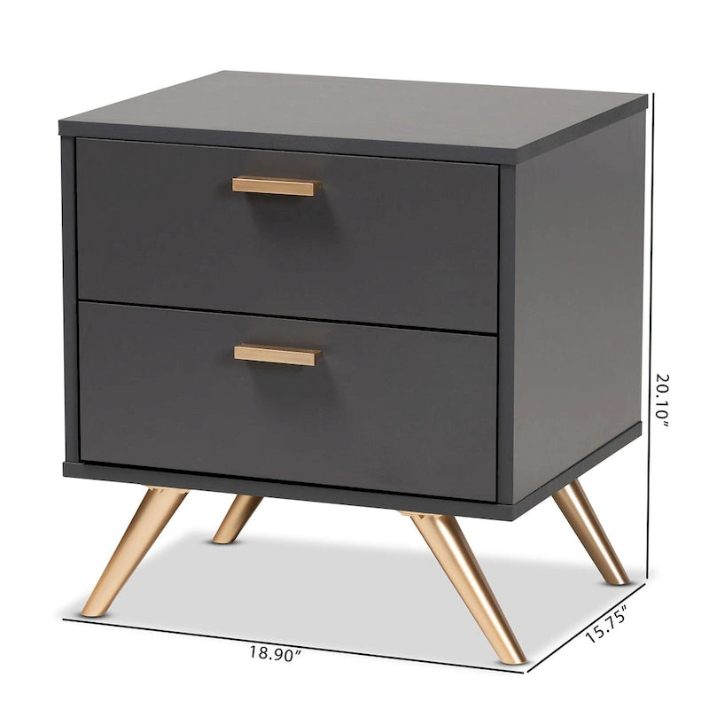 Kelson Modern Dark Grey and Gold Finished Wood 2-Drawer Nightstand