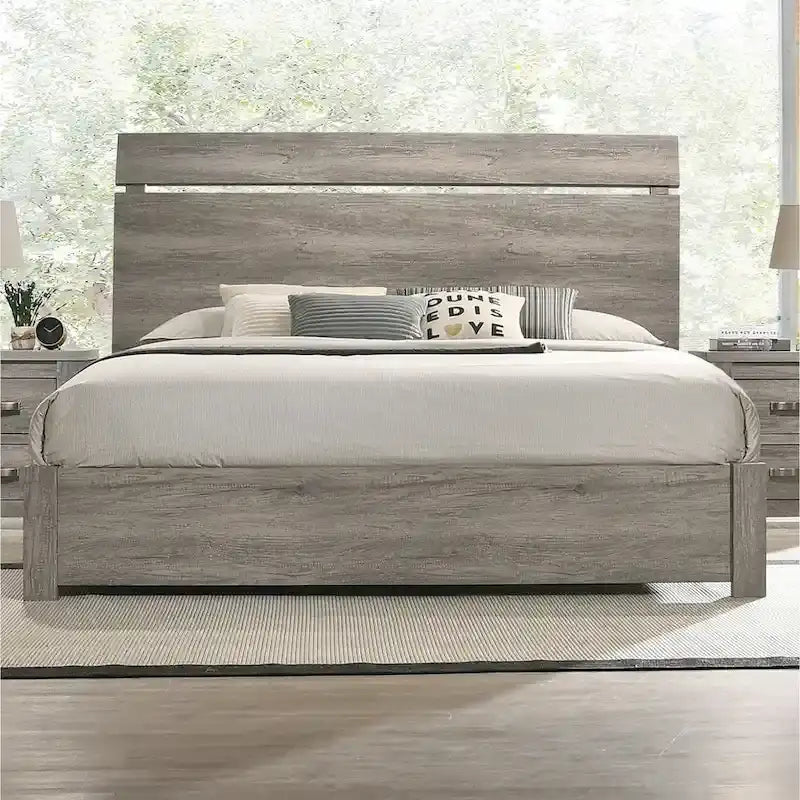 Roundhill Furniture Floren Contemporary Weathered Gray Wood Bedroom Set, Panel Bed, Dresser, Mirror, Nightstand, Chest