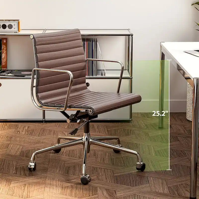 Low Back Genuine Leather Ergonomic Computer Ribbed Office Chair - N/A