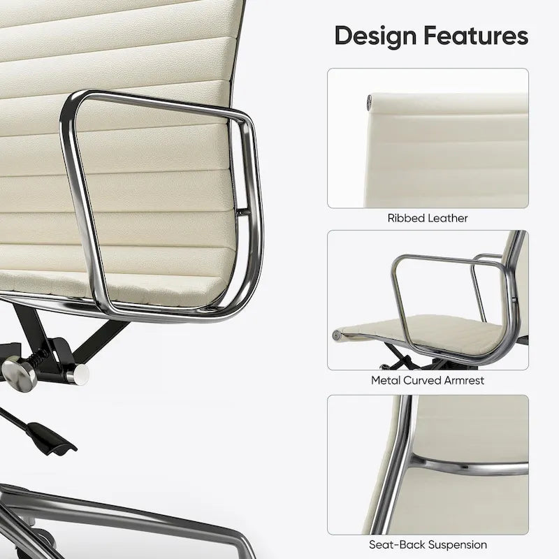 Low Back Genuine Leather Ergonomic Computer Ribbed Office Chair - N/A