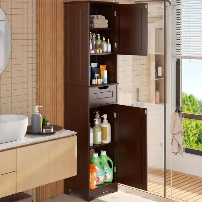 67 Tall Bathroom Narrow Linen Cabinet, 5 Tiers Solid Wood Freestanding Storage Cabinet