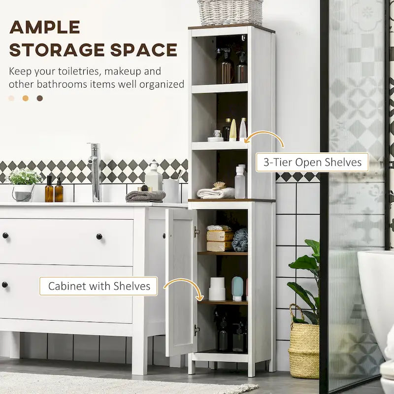 kleankin Tall Bathroom Storage Cabinet, Freestanding Tower Cabinet with 3 Open Shelves and Adjustable Shelf, Antique White